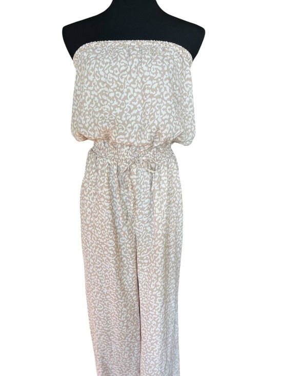 LOFT Pants - Ann Taylor LOFT Strapless Jumpsuit Beige Animal Print Wide Leg Size M